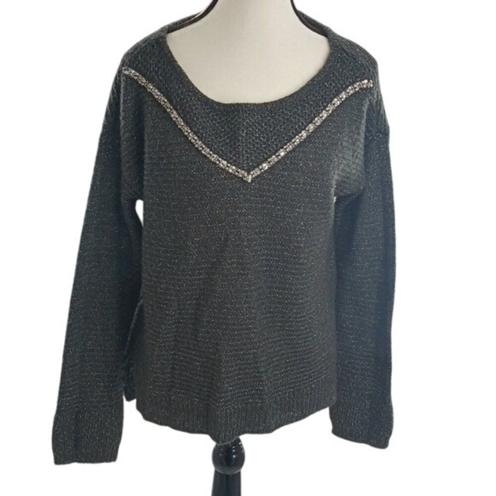 A New Approach Sweater Gray Knit Beaded Metallic Womens Size S